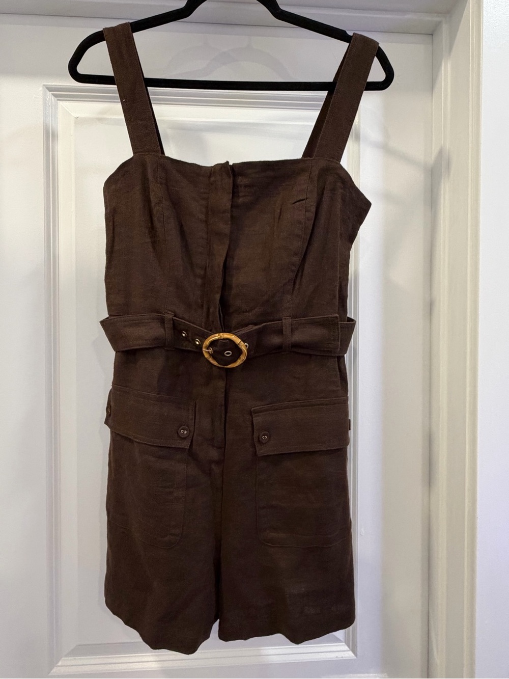 Sleeveless Brown Belted Linen-Blend Romper